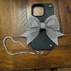 Rhinestone Bow Phone Case with Chain for IPhone 15 ProMax